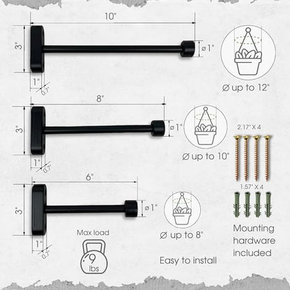 EvenWood 2-Piece Set of Wooden Plant Hooks for Wall with Sturdy Metal Tube - Plant Wall Hanger for Pots, Flower Brackets - Bracket Plant Hanger for Indoor and Outdoor Decorations (Black, 8 Inch)