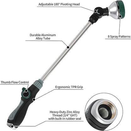 Watering Wand for Garden Hose, 24 Inch, 8 Spray Patterns, Garden Hose Nozzle with Thumb Flow Control, Adjustable Water Sprayer with Pivoting Head, Ideal for Hanging Baskets and Shrubs