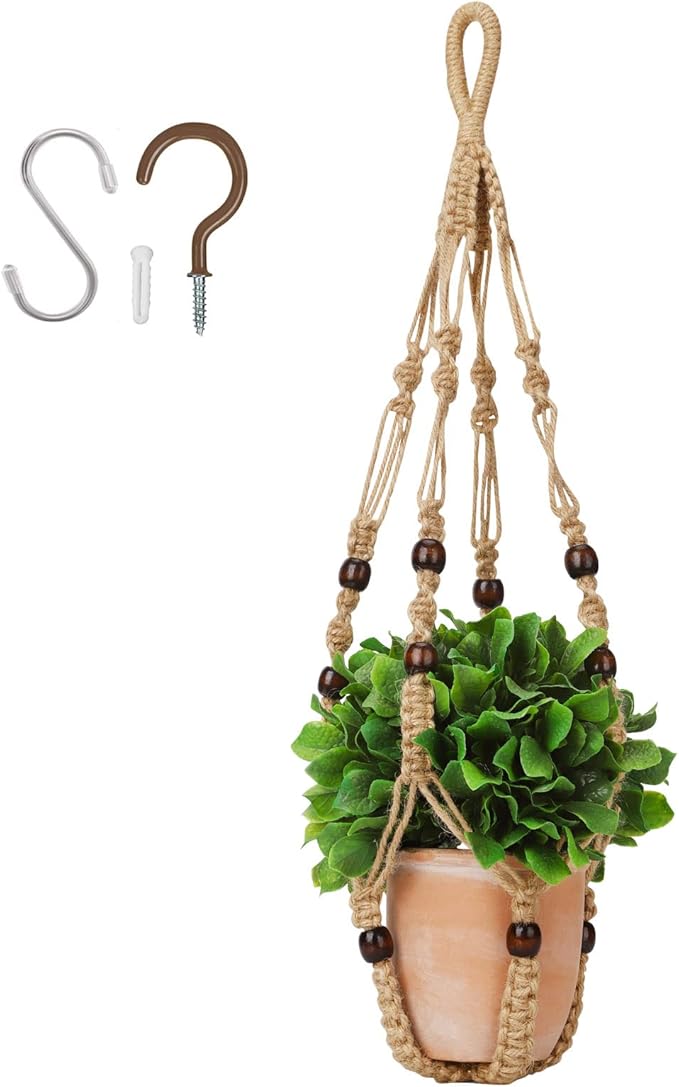 Macrame Plant Hanger Indoor, 23" No Tassel Hanging Plant Holder, Sturdy Flower Pot Holder with Hooks - Brown (Pot NOT Included)