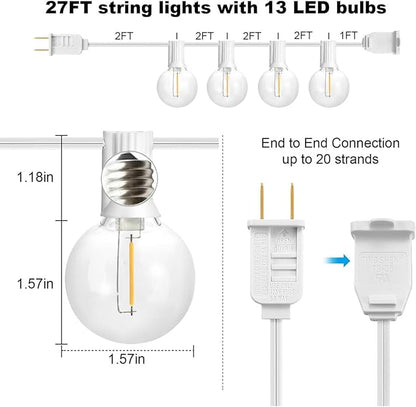 SUNTHIN Outdoor White String Lights, 27FT White Patio Lights with 14 G40 Shatterproof LED Bulbs(1 Spare), Waterproof Hanging Outside Lights for Yard, Porch, Deck, Garden, Pergola