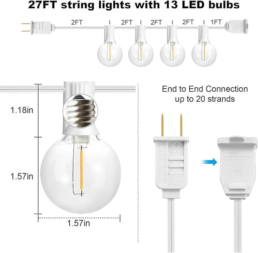 SUNTHIN Outdoor White String Lights, 27FT White Patio Lights with 14 G40 Shatterproof LED Bulbs(1 Spare), Waterproof Hanging Outside Lights for Yard, Porch, Deck, Garden, Pergola