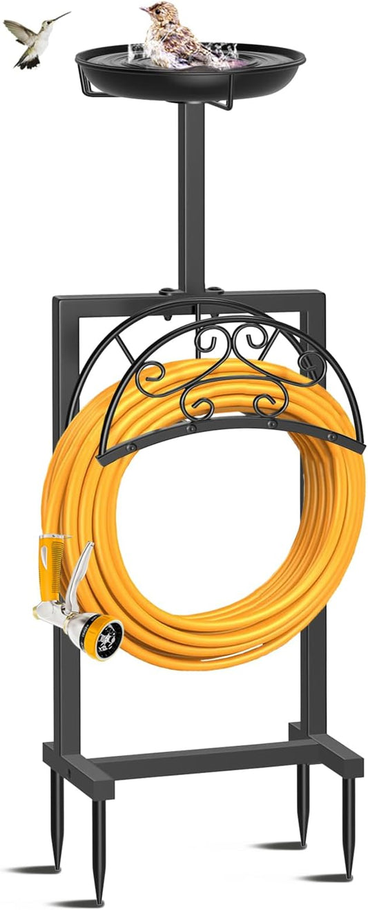Garden Hose Holder Hanger Freestanding, Upgraded 4 Spikes Heavy Duty Storage Reel Stand with Bird Feeder Bowl, Holds 150ft Hose for Outside Garden Yard Lawn Vegetable Patch