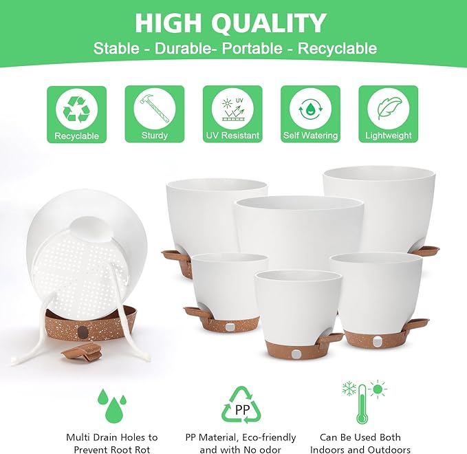 Self Watering Planter Set with Visual Water Level, 6Pack Small Plastic Pot with Drainage Holes and Reservoir Saucers, Modern 8+7+6.5+6+5.5+5 Inch Bottom Watering Flower Pots for Indoor Plant - White
