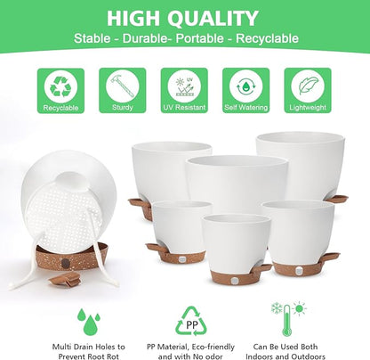 Self Watering Planter Set with Visual Water Level, 6Pack Small Plastic Pot with Drainage Holes and Reservoir Saucers, Modern 8+7+6.5+6+5.5+5 Inch Bottom Watering Flower Pots for Indoor Plant - White