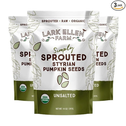 Lark Ellen Farm Sprouted Organic Pumpkin Seeds, Unsalted Raw Pumpkin Seeds Organic, Pepitas, Vegan, Non GMO, Gluten Free, Paleo, and Keto Friendly (14 oz, 3 Pack)