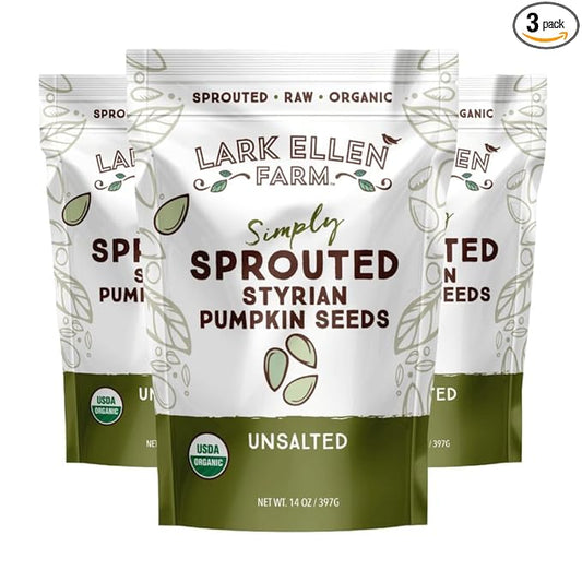 Lark Ellen Farm Sprouted Organic Pumpkin Seeds, Unsalted Raw Pumpkin Seeds Organic, Pepitas, Vegan, Non GMO, Gluten Free, Paleo, and Keto Friendly (14 oz, 3 Pack)