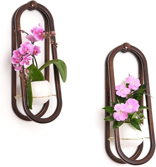 Wooden Wall Planters for Indoor with Ceramic Pot - Modern Hanging Plant Stand Shelf for Indoor Plants, Wall Mounted Plant Holder for Living Room, Bedroom, Wall Decor - Walnut Color (Set of 2)