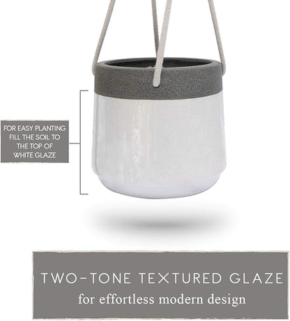 23 Bees Ceramic Hanging Planter, White Gray Succulent Pots, Round Plant Holder Container, Cactus Pot with Cotton Rope Hanger, Indoor Outdoor Decor, (1 Pack x White)
