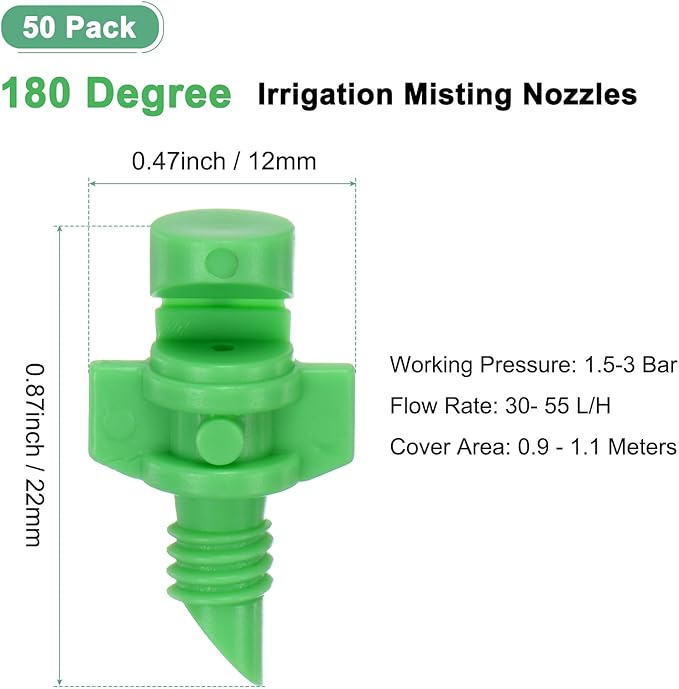 50-Pack Misting Nozzles, 180 Degree Irrigation Emitter Sprinklers for Garden/Plant/Lawn Water Irrigation System Barbed Refraction Atomizing Dripper [Green]