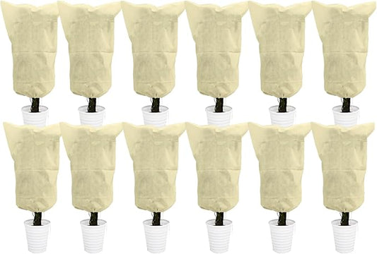 EAONE 12 Pack Plant Covers Freeze Protection, 32x47'' Winter Frosts Cloth for Outdoor Plants, Reusable Frost Blankets Drawstring Bags for Cold Freeze Sun Protection Bird Insect Prevention,Beige