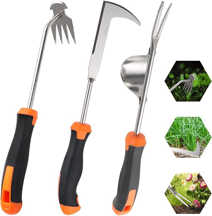 Weed Puller Tool, Set of 3, Rubber Handle Weed Remover Tool, Manual Weeder,L-Shaped Weeding Tool, Thickened Stainless Steel Crack Weeder,Planting and Weeding for Garden, Patio, Backyard Farm