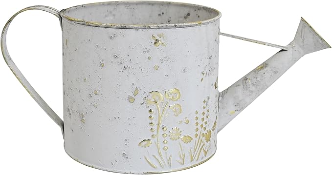 Vintage Metal Watering Can with Floral Embossed Design Garden Distressed White Decorative Watering Pot Planter Rustic Farmhouse Waterer for Home Indoor Outdoor Garden Balcony Courtyard (White#2)