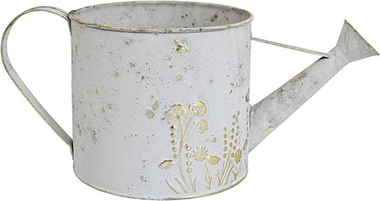 Vintage Metal Watering Can with Floral Embossed Design Garden Distressed White Decorative Watering Pot Planter Rustic Farmhouse Waterer for Home Indoor Outdoor Garden Balcony Courtyard (White#2)