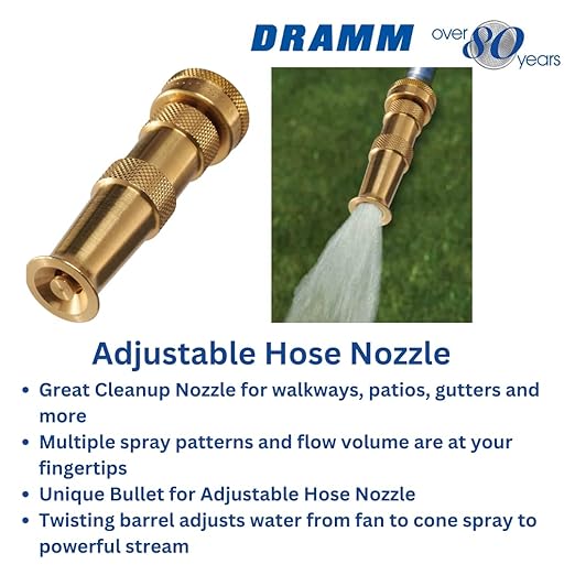 Dramm 35009 Heavy-Duty Solid Brass Garden Hose Nozzle – Adjustable Cone to Jet Spray Pattern – High-Pressure Water Stream for Cleaning Walkways, Patios & Gutters – Made in USA