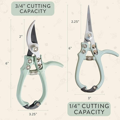 Modern Sprout Hand Pruners & Shears Set with Blister Pack - Lightweight Gardening Tools with Easy Lock - Sharp Carbon Steel Blades -Rust Resistant Scissors for Herbs, Flowers - Sage
