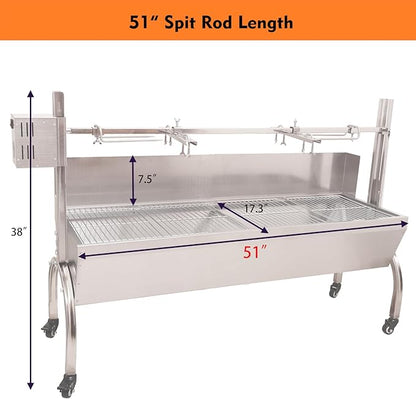 50W Rotisserie Grill With Wind Screen - 51 Inch BBQ Outdoor Pig & Lamb Spit Roaster - 132LBS/60KG Stainless Steel Charcoal Spit Rotisserie Grill for Camping & Outdoor Barbecue