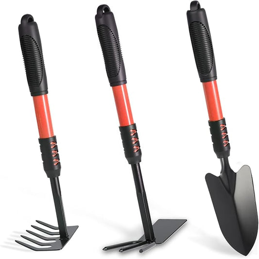 Garden Tool Set, 3Pack Gardening Tools, Stainless Steel Heavy Duty Hand Cultivator, Hoes, Shovel, for Planting Weeding Digging, Gardening Gifts for Women, Red