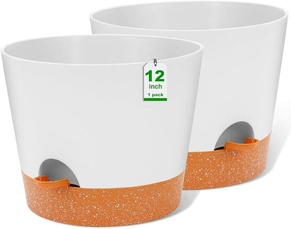 GARDIFE 12 inch Plant Pots, planters,Self Watering Pots, 2 Pack Large Plastic Flower pots with Deep Reservior and High Drainage Holes for Indoor Outdoor Plants and Flowers, White