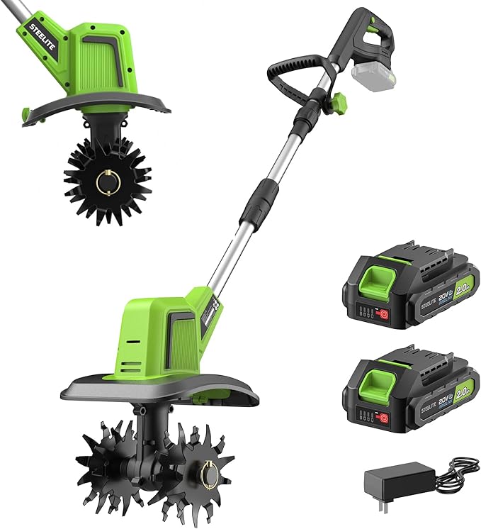 STEELITE 20V Battery Powered Tiller, 360 RPM Cordless Tiller, 400W Powerful Motor, 9-inch Tilling Width and 7-inch Depth Portable Rotary Tiller, 2×2Ah Battery & Charger Included