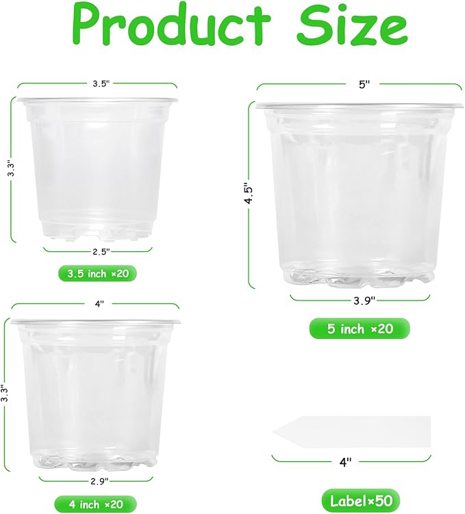 60 Pack 3.5/4/5 Inch Reinforced Clear Nursery Pots with Drainage Holes, Transparent Variety Pack Plastic Plant Pot Seed Starter Pots Flower Pots Come with 50pcs Plant Labels