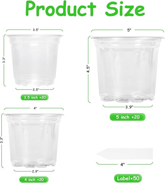 60 Pack 3.5/4/5 Inch Reinforced Clear Nursery Pots with Drainage Holes, Transparent Variety Pack Plastic Plant Pot Seed Starter Pots Flower Pots Come with 50pcs Plant Labels