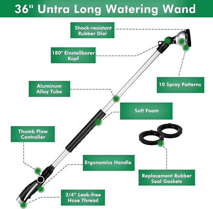 RESTMO 36” Long Watering Wand, Metal Garden Hose Wand with 180° Swivel Head and 10 Spray Patterns, Heavy Duty Hose Nozzle Sprayer with Thumb Flow Control, for Water Hanging Baskets, Shrubs, Silver