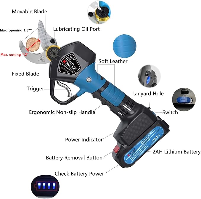 Professional Cordless Electric Pruning Shears with 2 PCS Backup Rechargeable 2Ah Lithium Battery Powered Tree Branch Pruner Branch Cutter, 30mm (1.2 Inch) Cutting Diameter