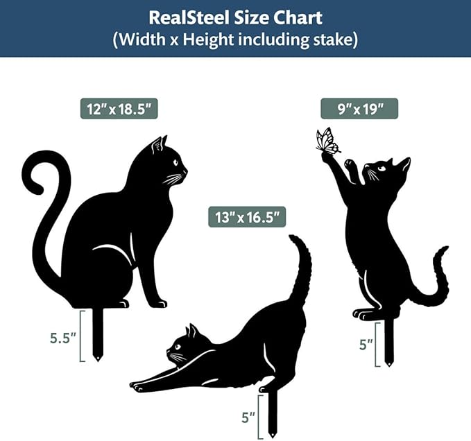 RealSteel I 3 Pack Steel Cat Garden Decor I Outdoor Yard Decorations I Gift for Cat Lovers I Lawn Ornaments and Statues I Garden Signs Decorative Outdoor - Gold