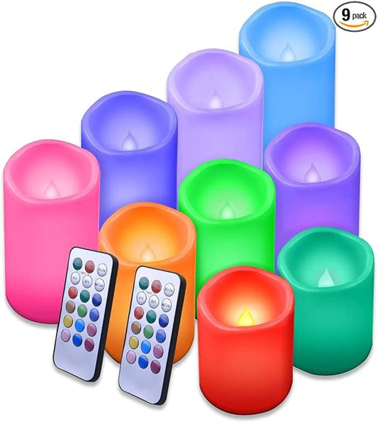 Enido Flameless Candles, Color Changing LED Candles(D: 3" x H: 4" 5" 6") Battery Operated Outdoor Waterpoof Candles Plastic Pack of 9 Flameless Pillar Candles