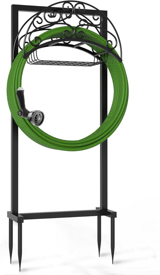 Breeze Touch Garden Hose Holder Freestanding with Basket, Heavy Duty Outdoor Hose Stand, Metal Rack for Yard, Durable Water Hose Storage for outside, Compact Organizer for Garden Use