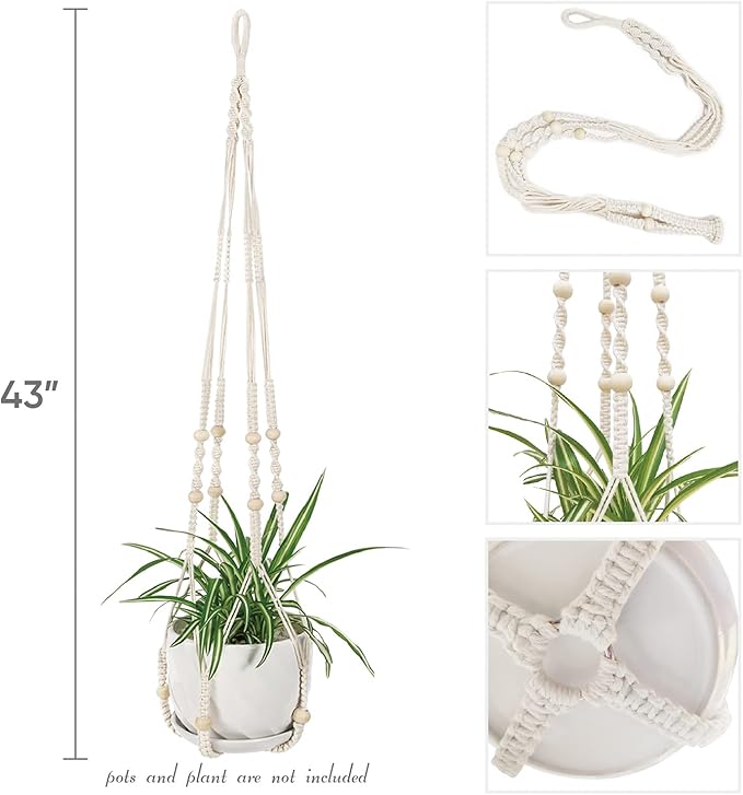 43 Inch Macrame Plant Hanger Indoor, Large Size No Tasselss Crochet Cotton Rope Hanging Planter Basket, Decorative Flower Pot Holder for Boho Home Decor (with 2 Hooks)