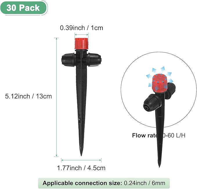 30-Pack Drip Irrigation Emitters Sprayers, Drippers on 5"/13mm Stake Adjustable 360 Degree Water Flow 8 Holes for 1/4" Drip Irrigation Tubing for Watering System [Red, Drip]