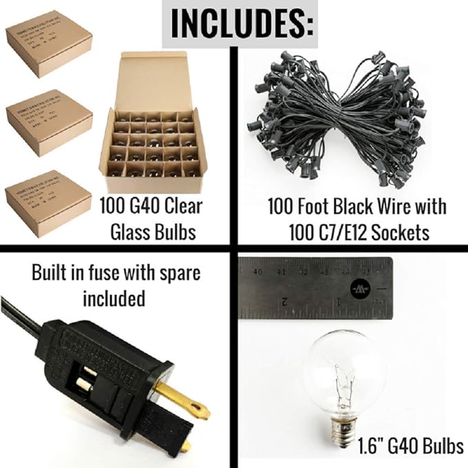 Hometown Evolution, Inc. 100' G40 Globe Outdoor String Lights Set with Clear Bulbs and Black Wire (+ 5 Free Spares)