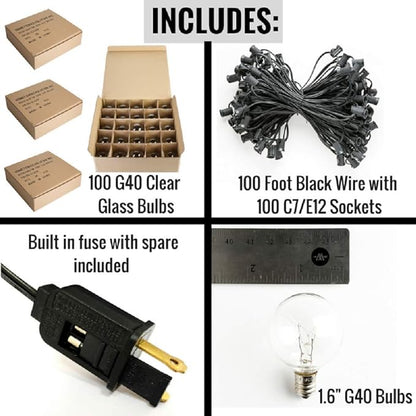 Hometown Evolution, Inc. 100' G40 Globe Outdoor String Lights Set with Clear Bulbs and Black Wire (+ 5 Free Spares)