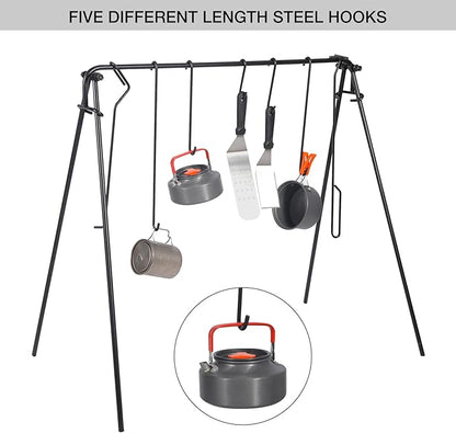 REDCAMP Swing Campfire Grill Stand - Collapsible Campfire Cooking Rack with 6 Hooks & Iron Grill Grate, Portable Dutch Oven Hanger for Outdoor Camping, Cookware, Bonfire, Round