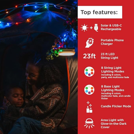 LuminAID Color Solar String Light with Phone Charger - Multicolor Tent Lights for Camping - 23 ft Rechargeable String Lights Perfect for Camping, Backyard, Patio, RVs, Outdoor, Power Outages (1 Pack)