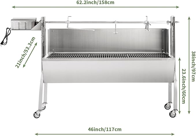 Rotisserie Grill Charcoal Spit Roaster, Stainless Steel 46" Pig Lamb Hooded Roaster Charcoal Spit with 30W Motor & Adjustable Height Lockable Casters for Party Barbecue, Rated 150 LB
