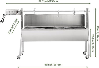 Rotisserie Grill Charcoal Spit Roaster, Stainless Steel 46" Pig Lamb Hooded Roaster Charcoal Spit with 30W Motor & Adjustable Height Lockable Casters for Party Barbecue, Rated 150 LB