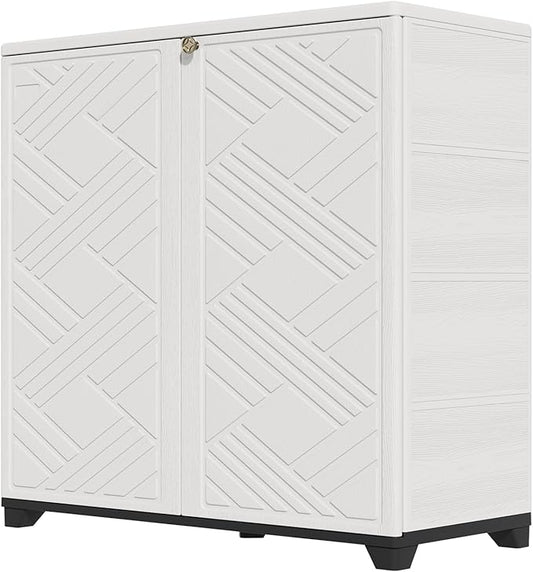 HOMSPARK Indoor/Outdoor Storage Cabinet with Doors and 1 Shelf, 34”x15”x34” HDPE Plastic Storage Box for Patio, Garden, Enterway, Balcony, Multi-Purpose for Daily Tools, White