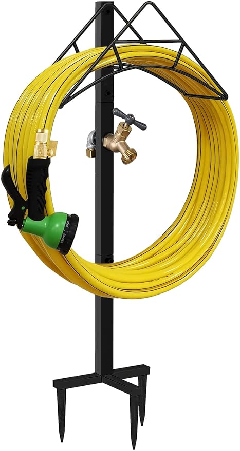 Outdoor Hose Holder Stand with Brass Spigot Faucet - Freestanding Metal Water Pipe Extension Hanger Stake Heavy Duty Storage Organizer for Garden Lawn, Backyard