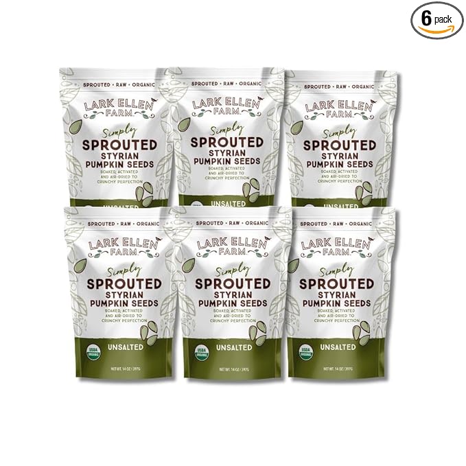Lark Ellen Farm Sprouted Specialty Gourmet Premium Organic Styrian Pumpkin Seeds from Austria, Large Gourmet Unsalted Raw Pumpkin Seeds Organic, Pepitas, Vegan, Non GMO, Gluten Free, Paleo, and Keto Friendly (14 oz, 6 Pack)