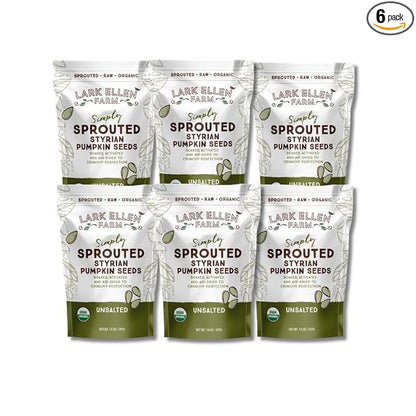 Lark Ellen Farm Sprouted Specialty Gourmet Premium Organic Styrian Pumpkin Seeds from Austria, Large Gourmet Unsalted Raw Pumpkin Seeds Organic, Pepitas, Vegan, Non GMO, Gluten Free, Paleo, and Keto Friendly (14 oz, 6 Pack)