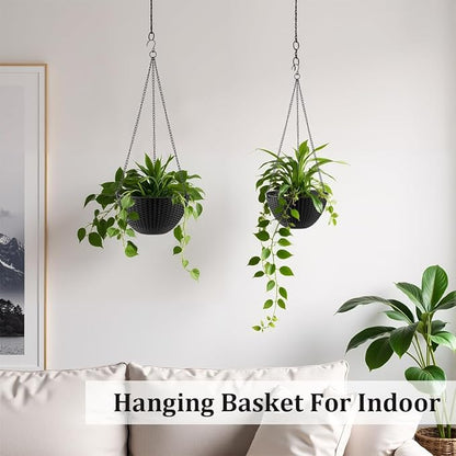 Hanging Planters for Indoor Outdoor Plants 8 and 10 Inch, 4 Packs Hanging Flower Pot with Drainage Holes, Self-Watering Hanging Basket Perfect for Home, Office and Garden, Black