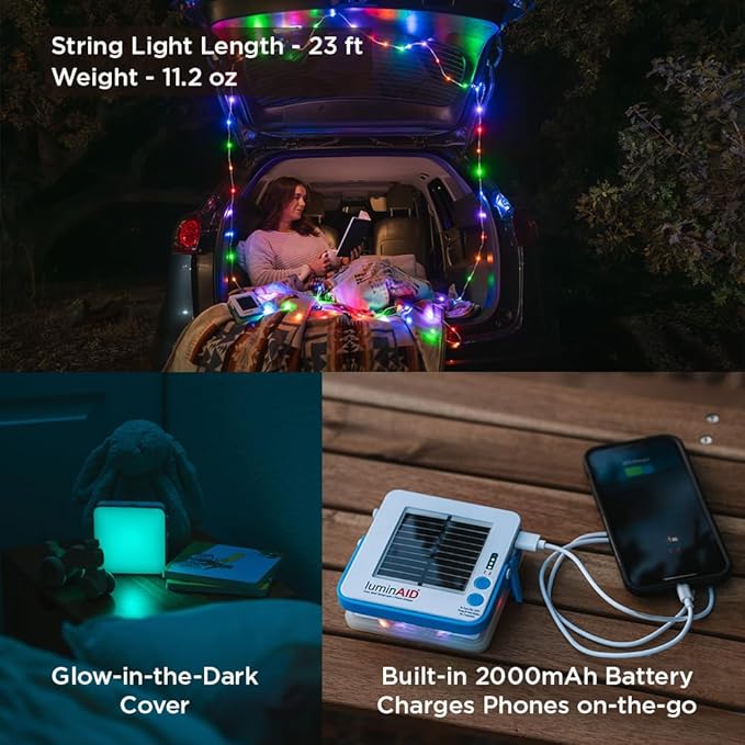 LuminAID Color Solar String Light with Phone Charger - Multicolor Tent Lights for Camping - 23 ft Rechargeable String Lights Perfect for Camping, Backyard, Patio, RVs, Outdoor, Power Outages (1 Pack)