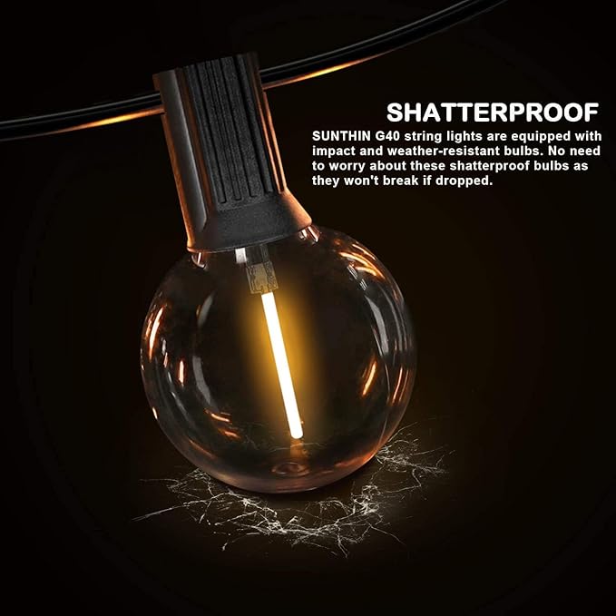SUNTHIN Outdoor String Lights 194FT, G40 Led Patio Lights with Shatterproof Bulbs, Waterproof Dimmable Hanging Connectable Globe Outdoor Lights for Cafe, Backyard, Balcony, Party (97ft * 2 Pack)