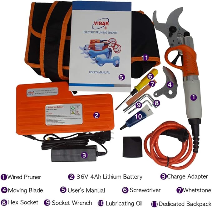 VIDAR Wired Electric Pruning Shears - 36V 4Ah Rechargeable Lithium Battery Powered Tree Branch Pruner 1.77Inch with Free Blades Maintenance Kit