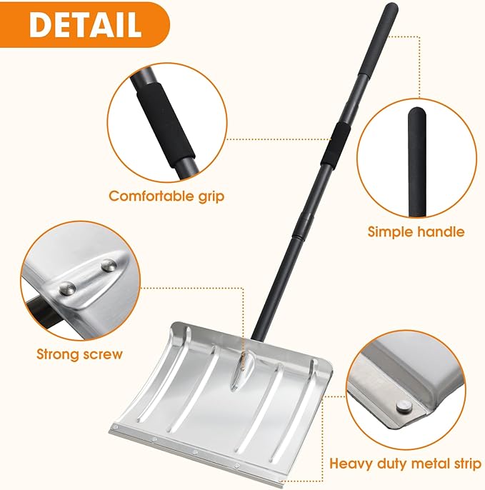 Snow Shovel, Aluminum Portable Snow Pusher Shovel Heavy Duty Metal Snow Shovel for Driveway Car Home Garage