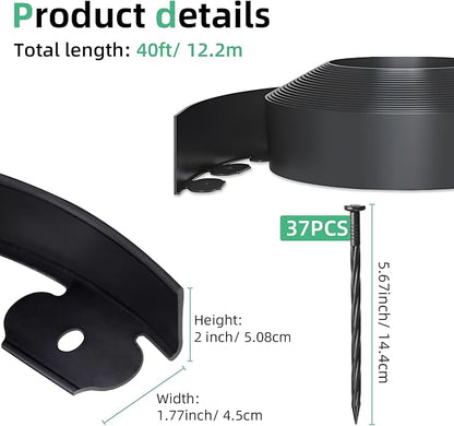 2 in x 40 Ft Garden Landscape Edging, No Dig Garden Edging Border Kit with Spikes for Flower Bed Lawn Yard Grass Black