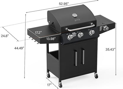 ROVSUN 3-Burner Propane Gas BBQ Grill with Side Burner & Enameled Cast Iron Grates, 46,000 BTU Barbecue Grill with Wheels for Outdoor Patio Backyard Cooking Grilling, Black