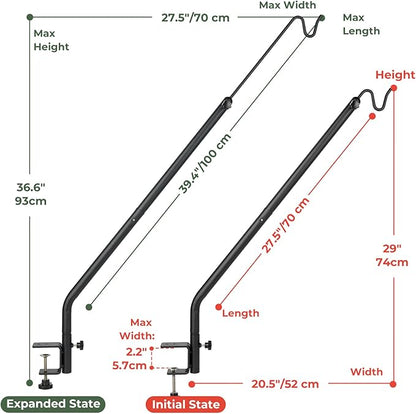Kingsyard 2 Pack Heavy Duty Deck Hook, 27"-39" Adjustable Metal Deck Railing Hooks for Hanging Bird Feeders, Planters, Suet Baskets, Lanterns, Wind Chimes, Clamp Mounted